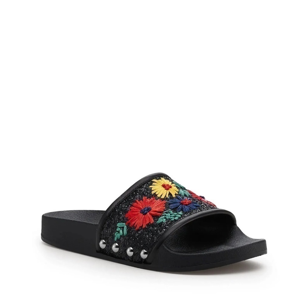 𝅺freda Floral Bright Daisy Slide Sandal Slip On Black Glitter 7 - Picture 2 of 11